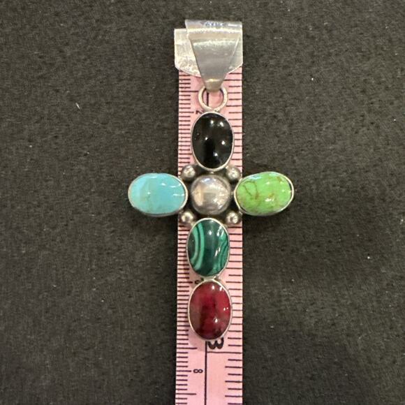 Vintage Sterling Silver Cross Multi Stone 2 3/4”long statement Pendant - Picture 5 of 7